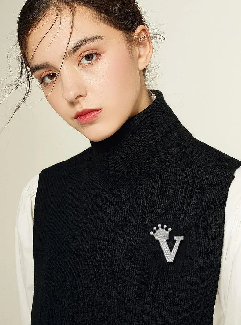 A-Z 26 Letters Brooches Pins for Women Silver Alloy Crystal Crown Initial Brooch Jewelry Gift