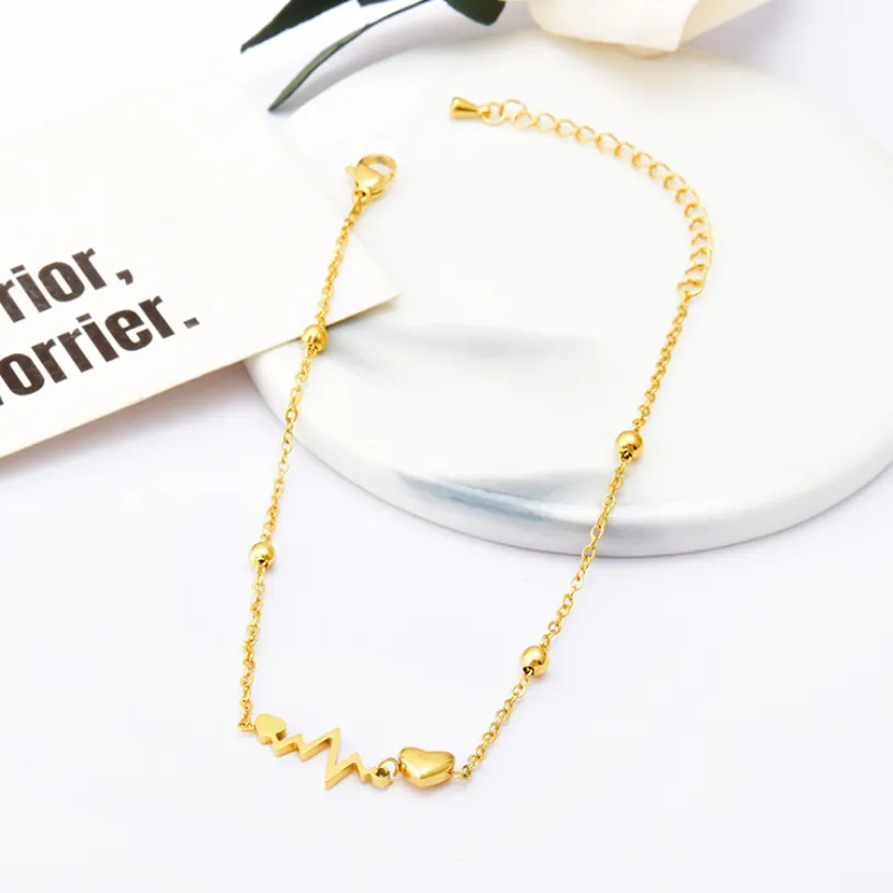 Beaded Love Heart Heartbeat Shape Charm Chain  Anklet For Women Tobilleras