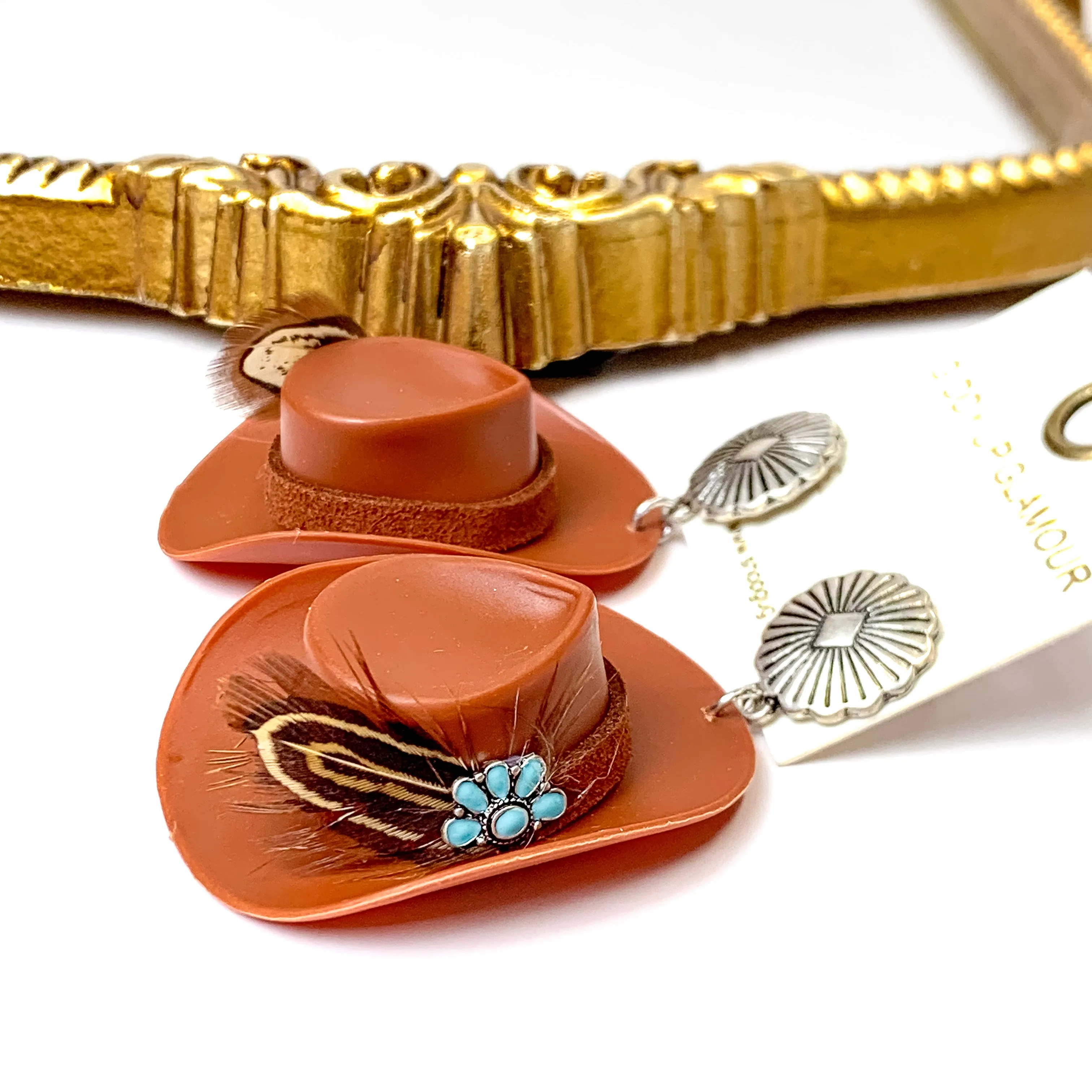 Brown Cowboy Hat and Feather Drop Earrings