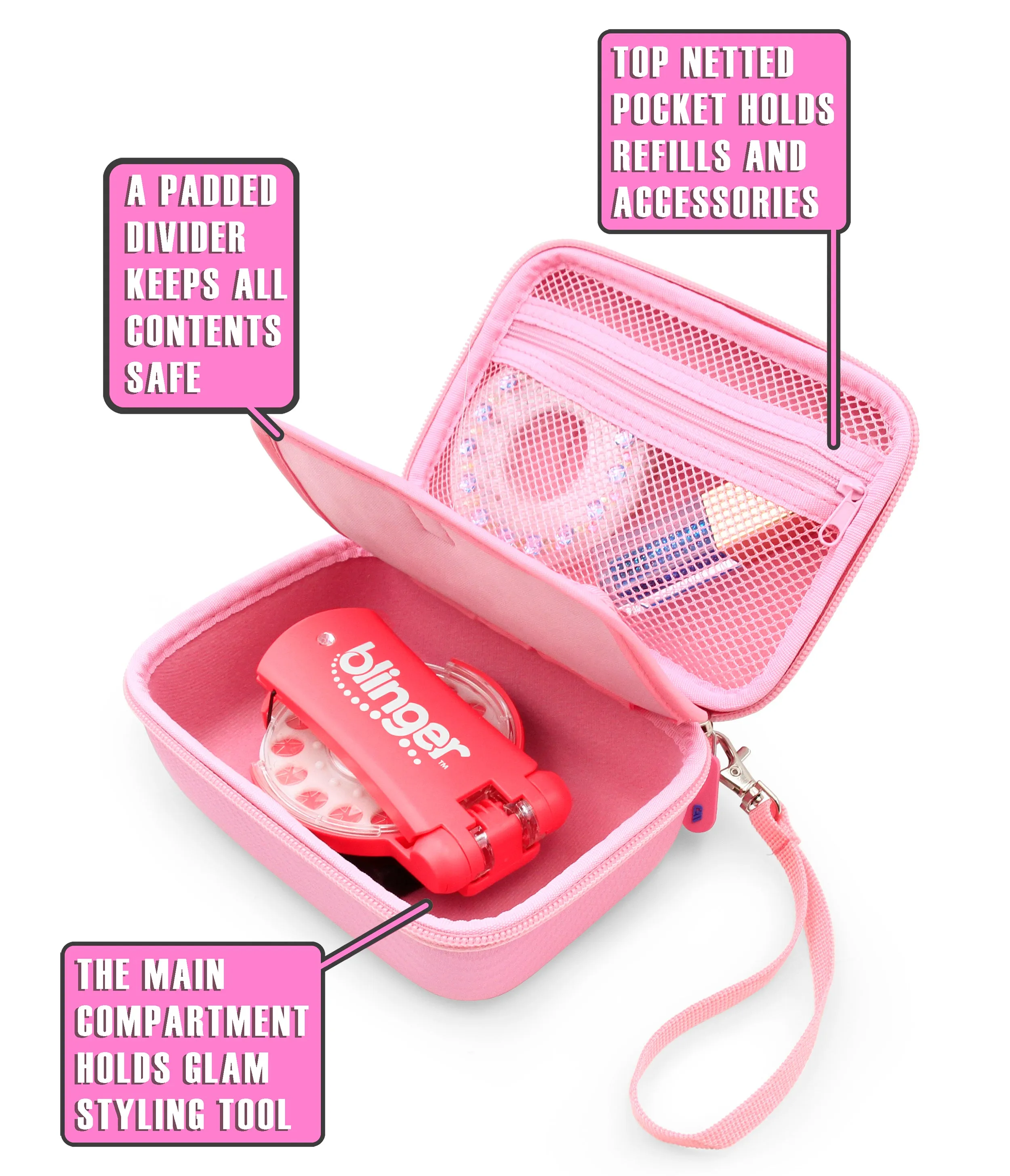 CASEMATIX Travel Case with Wrist Strap for Blinger Deluxe Set, Blinger Refill Gems and More Hair Jewels and Nail Glam Childrens Accessories, Case Only