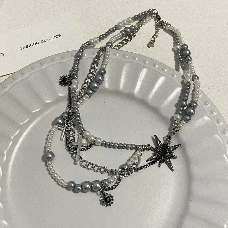 Cross star-shaped pearl multi-layered necklace