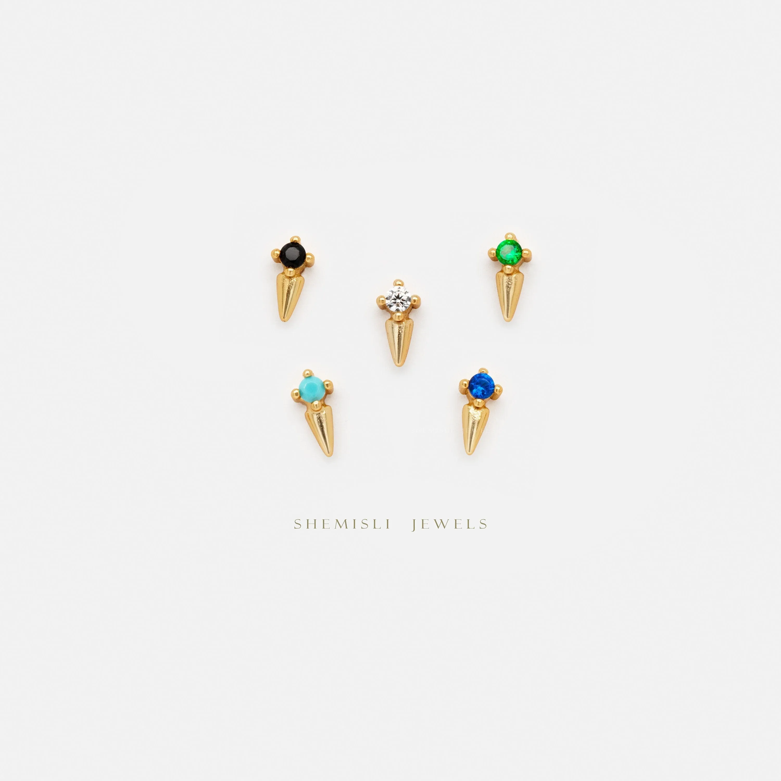 Dainty CZ Spike Studs, White, Emerald, Turquoise, Sapphire, Black Stone, Unisex, Gold, Silver SHEMISLI SS146, SS261, SS262, SS263, SS264