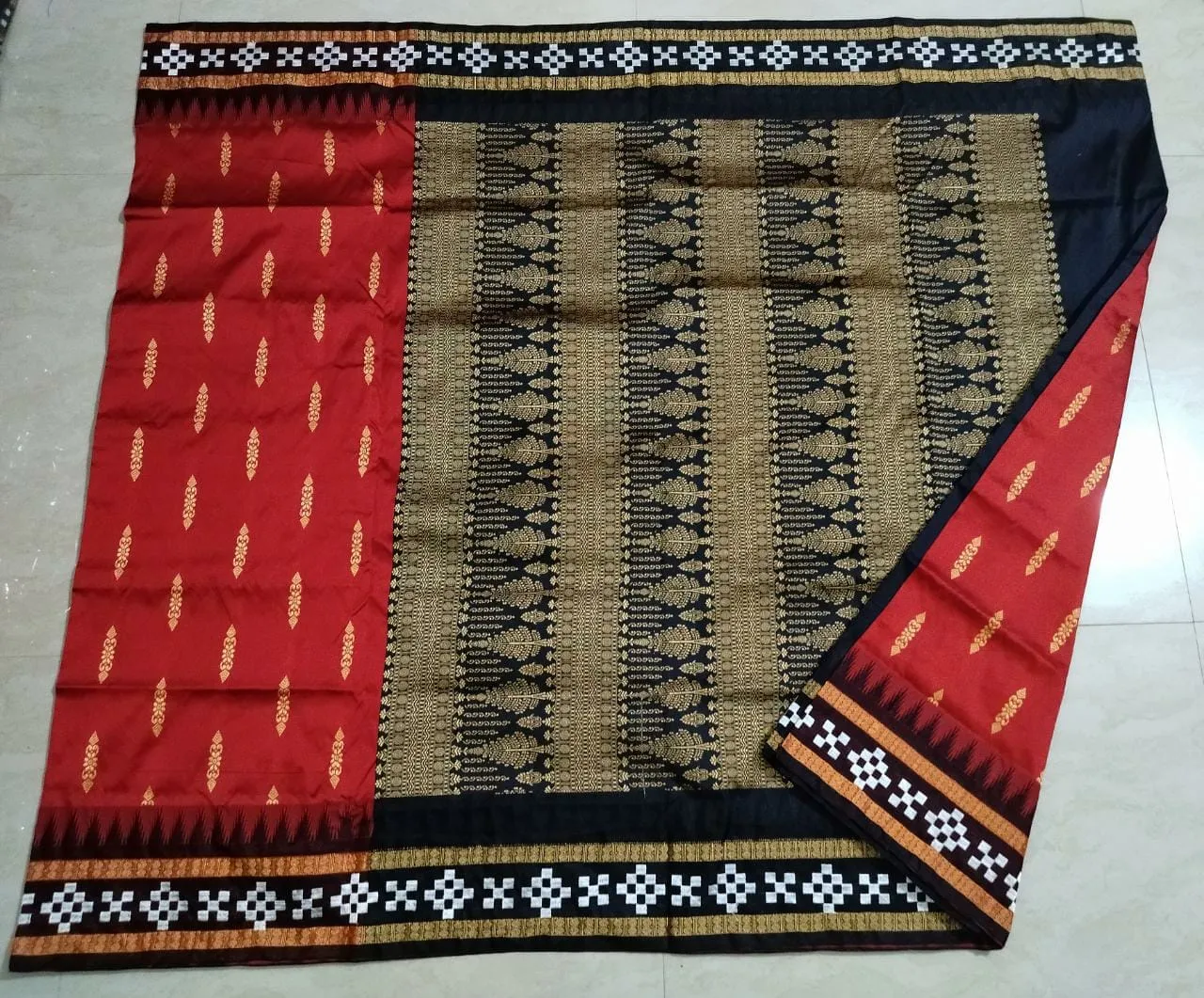 Deep Red Sambalpuri Pata Silk saree with Blouse