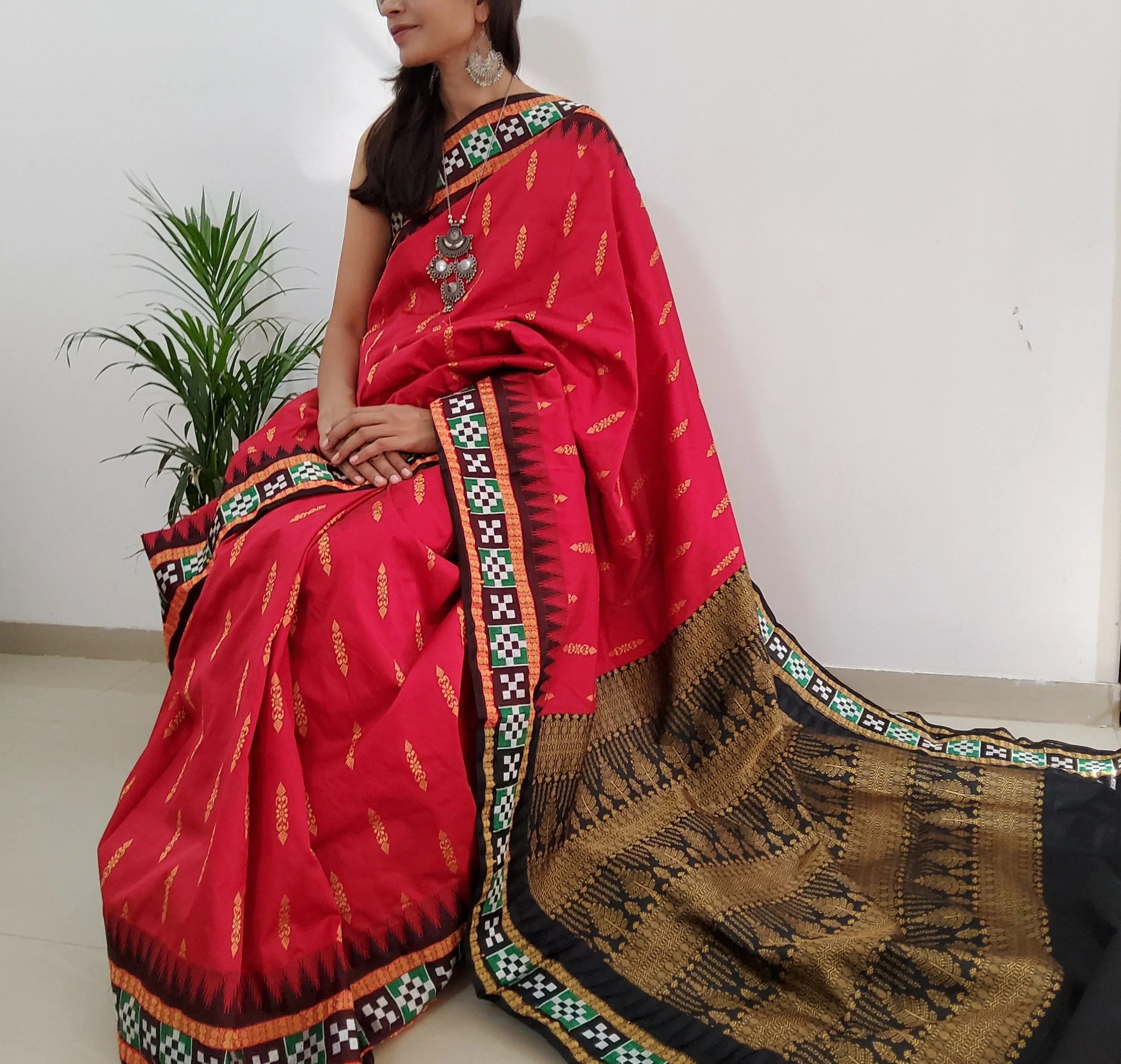 Deep Red Sambalpuri Pata Silk saree with Blouse