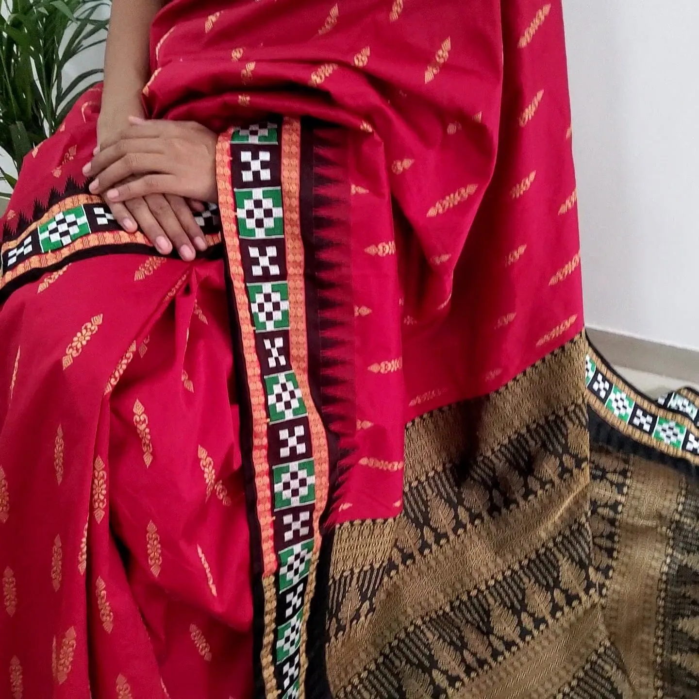 Deep Red Sambalpuri Pata Silk saree with Blouse