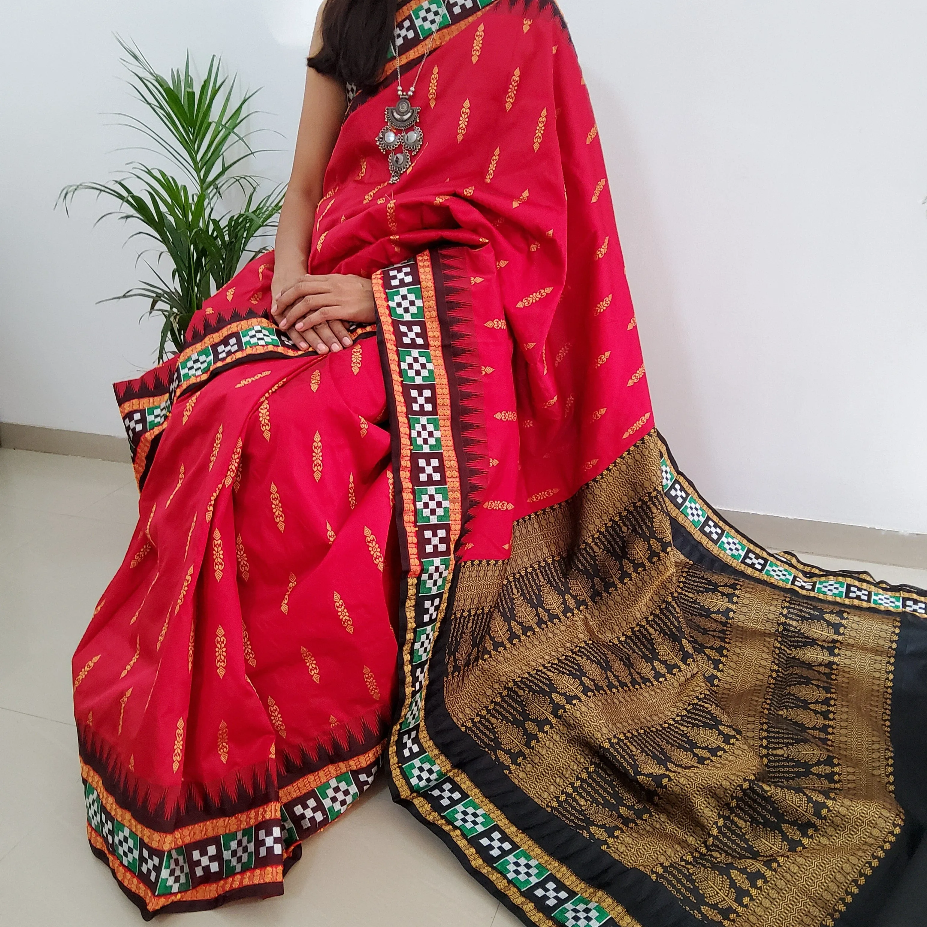 Deep Red Sambalpuri Pata Silk saree with Blouse
