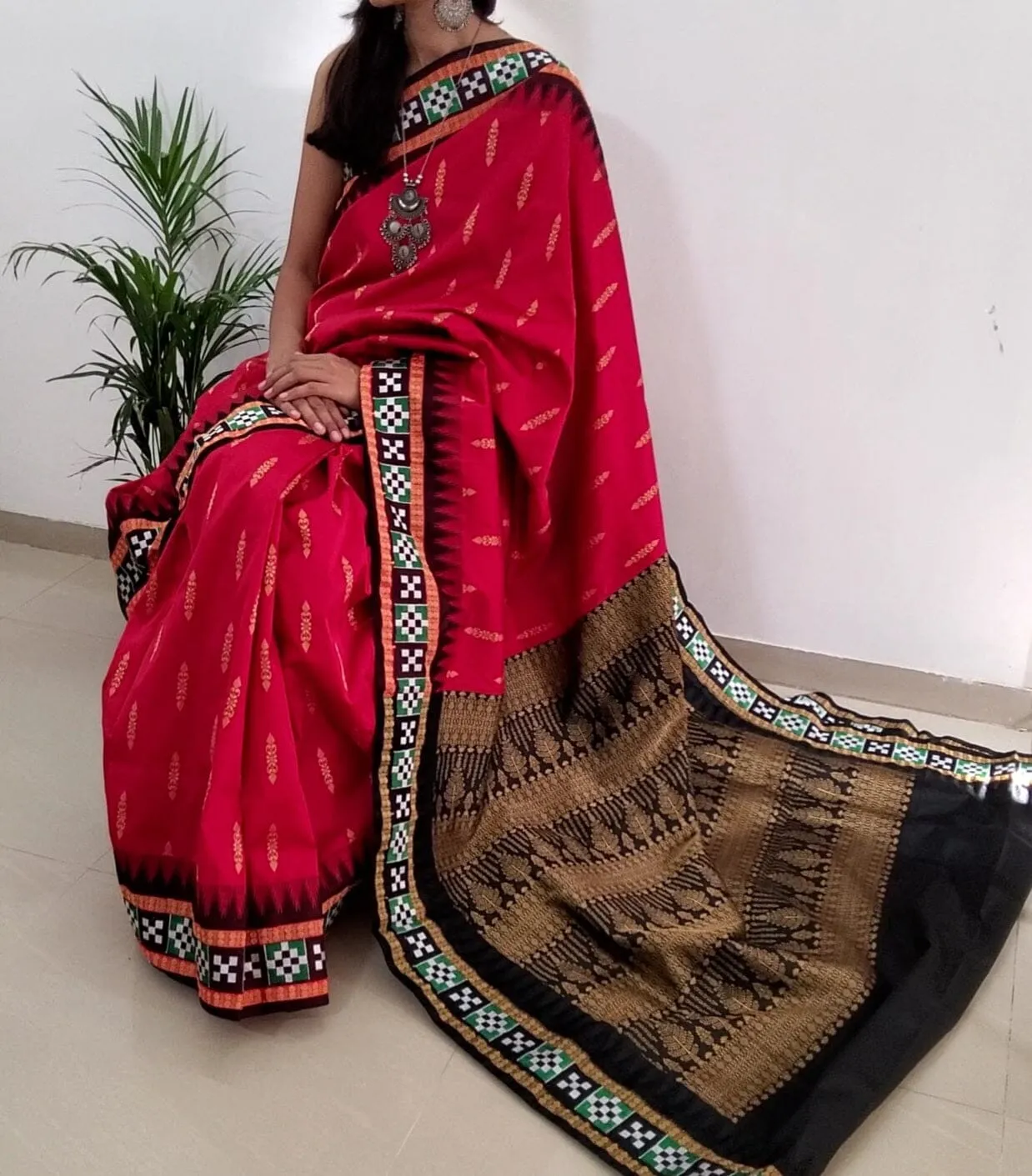 Deep Red Sambalpuri Pata Silk saree with Blouse