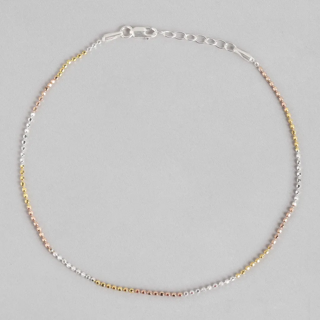 Elegant Triple Tone 925 Sterling Silver Beaded Chain Anklet