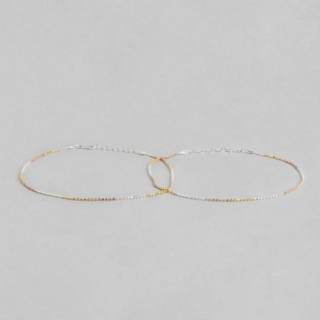 Elegant Triple Tone 925 Sterling Silver Beaded Chain Anklet