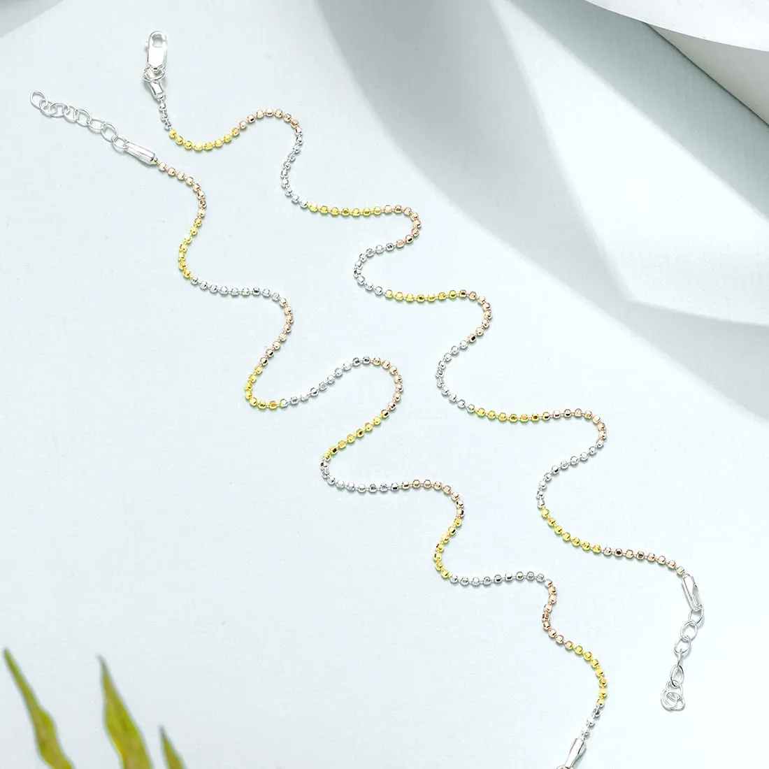 Elegant Triple Tone 925 Sterling Silver Beaded Chain Anklet