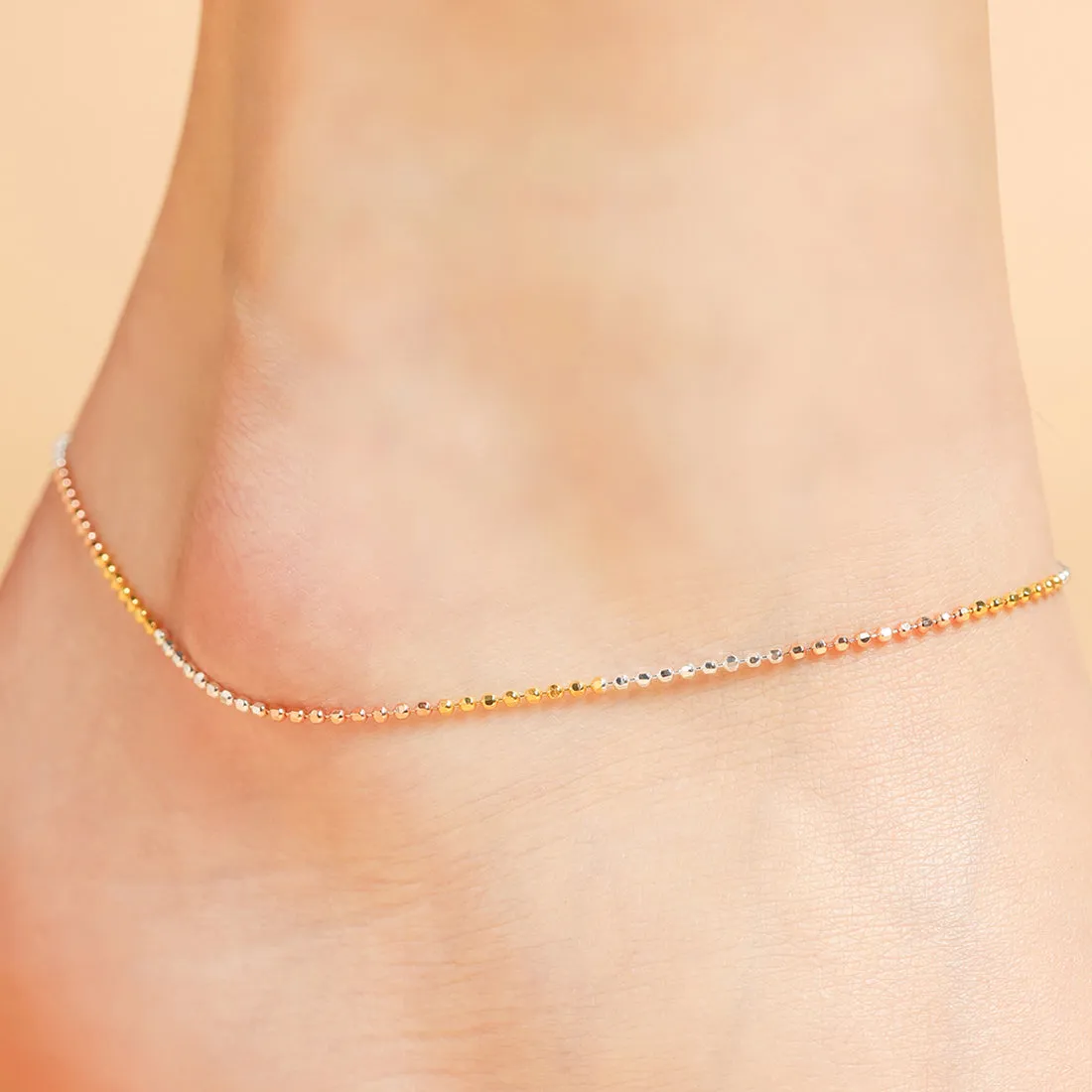 Elegant Triple Tone 925 Sterling Silver Beaded Chain Anklet