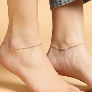 Elegant Triple Tone 925 Sterling Silver Beaded Chain Anklet
