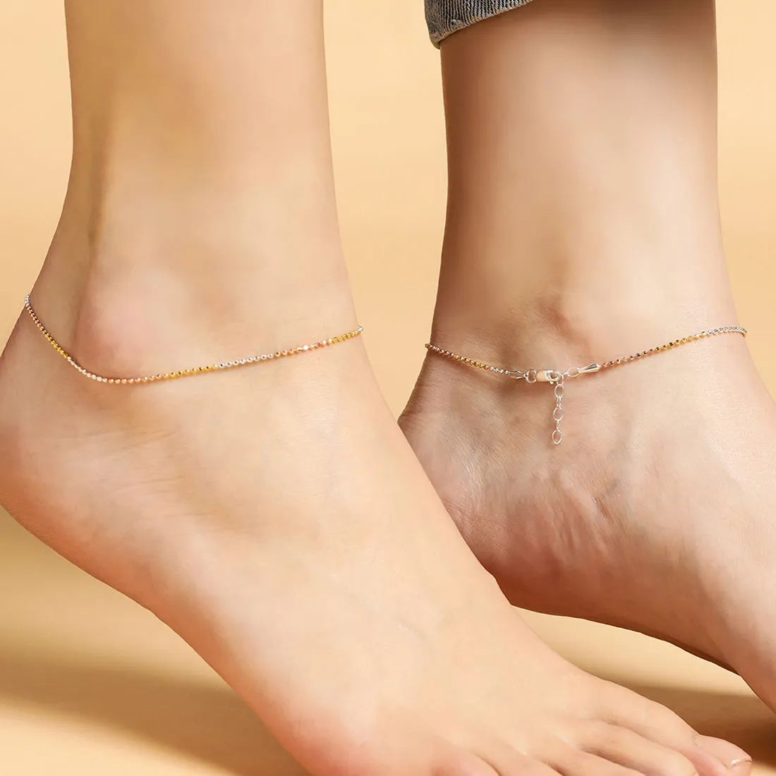 Elegant Triple Tone 925 Sterling Silver Beaded Chain Anklet