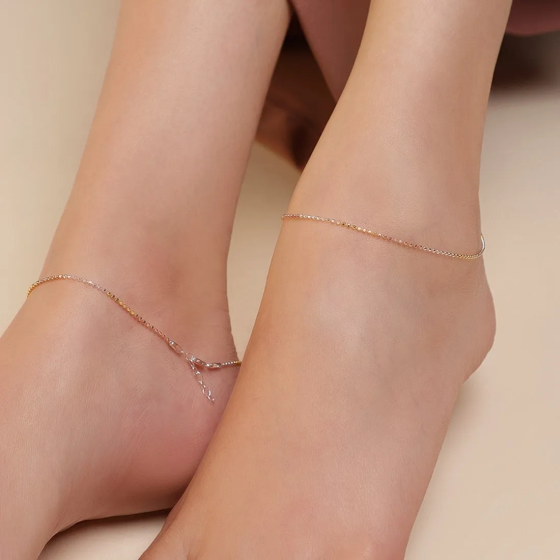 Elegant Triple Tone 925 Sterling Silver Beaded Chain Anklet