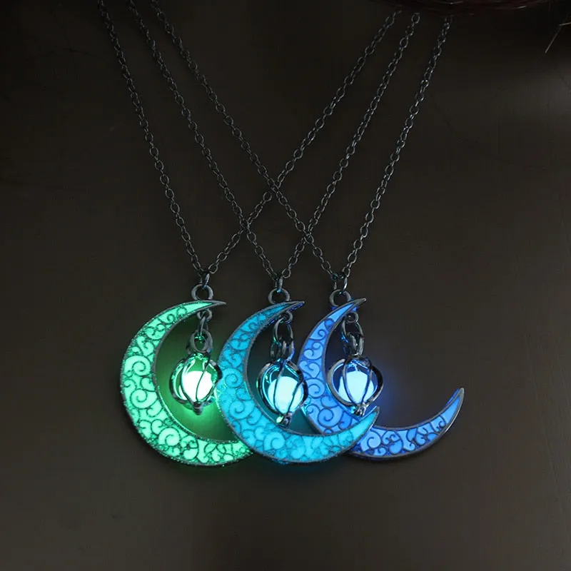 Enchanted Wicca Pagan Crescent Moon Glow in the Dark Orb Necklace