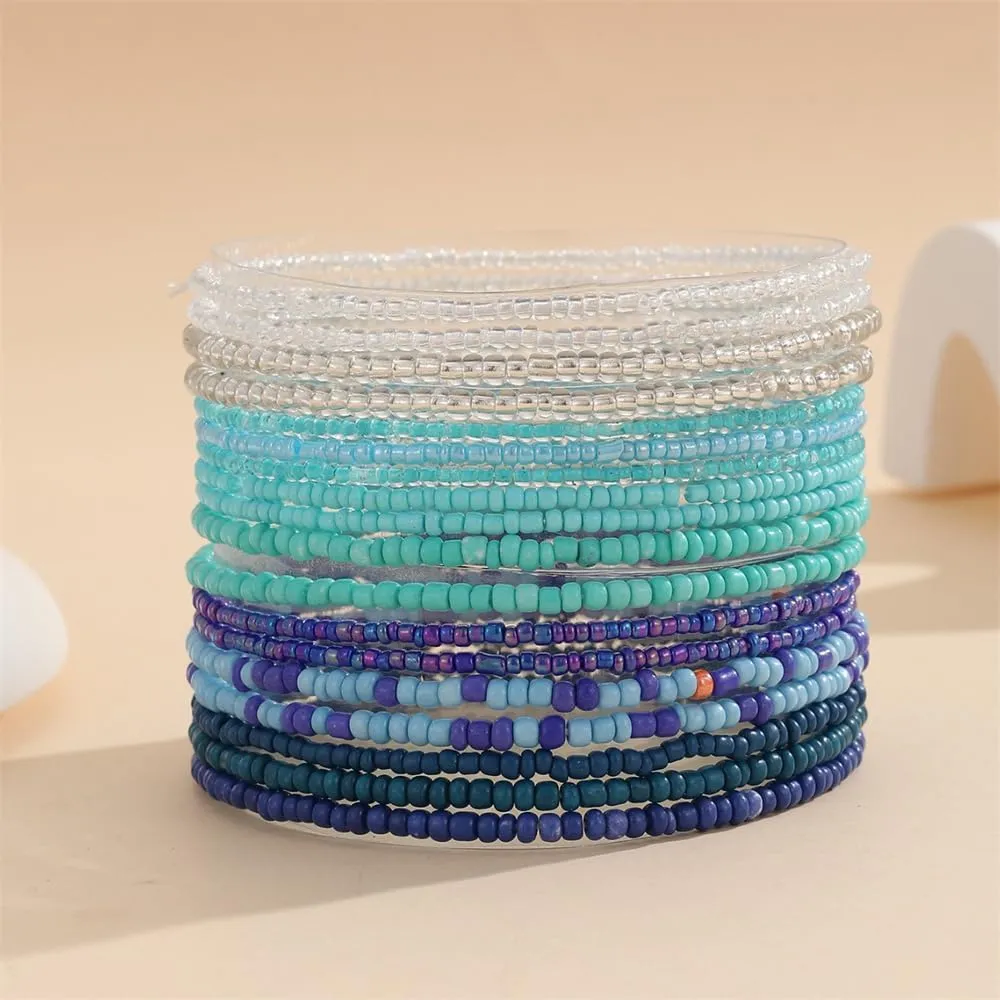 Fuqimanman2020 18Pcs Boho Beaded Stackable Stretch Bracelets for Women Colorful Handmade Multilayered Rice Beads Anklets Set Summer Beach Bohemian Jewelry Gift