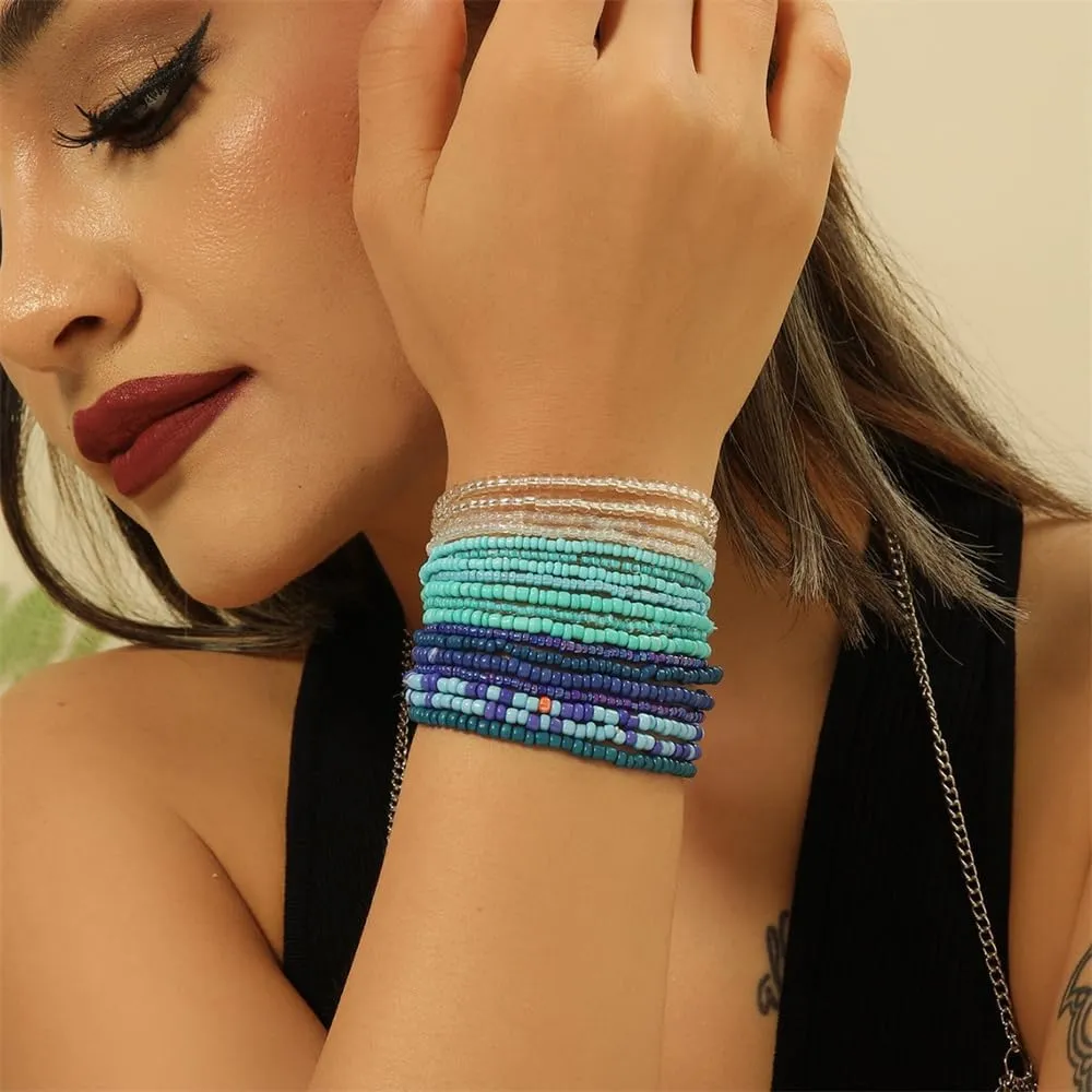 Fuqimanman2020 18Pcs Boho Beaded Stackable Stretch Bracelets for Women Colorful Handmade Multilayered Rice Beads Anklets Set Summer Beach Bohemian Jewelry Gift