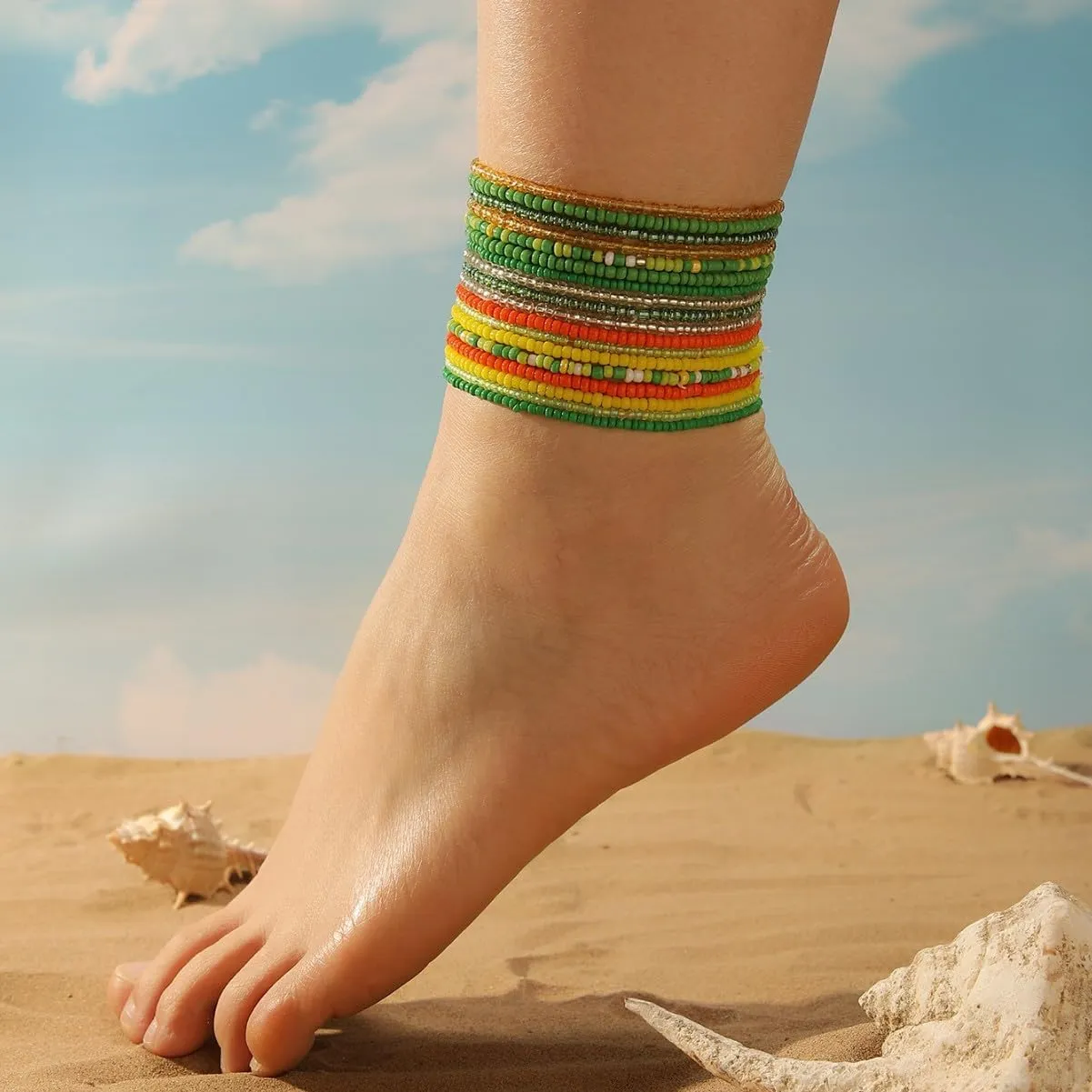 Fuqimanman2020 18Pcs Boho Beaded Stackable Stretch Bracelets for Women Colorful Handmade Multilayered Rice Beads Anklets Set Summer Beach Bohemian Jewelry Gift