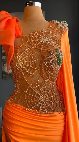 Gianna Spider Web Embellished Orange Evening Dress