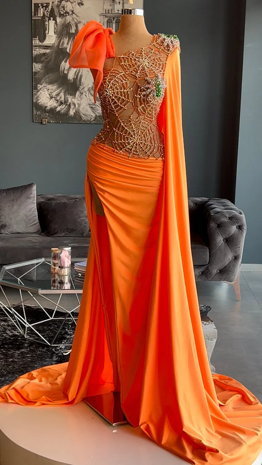 Gianna Spider Web Embellished Orange Evening Dress