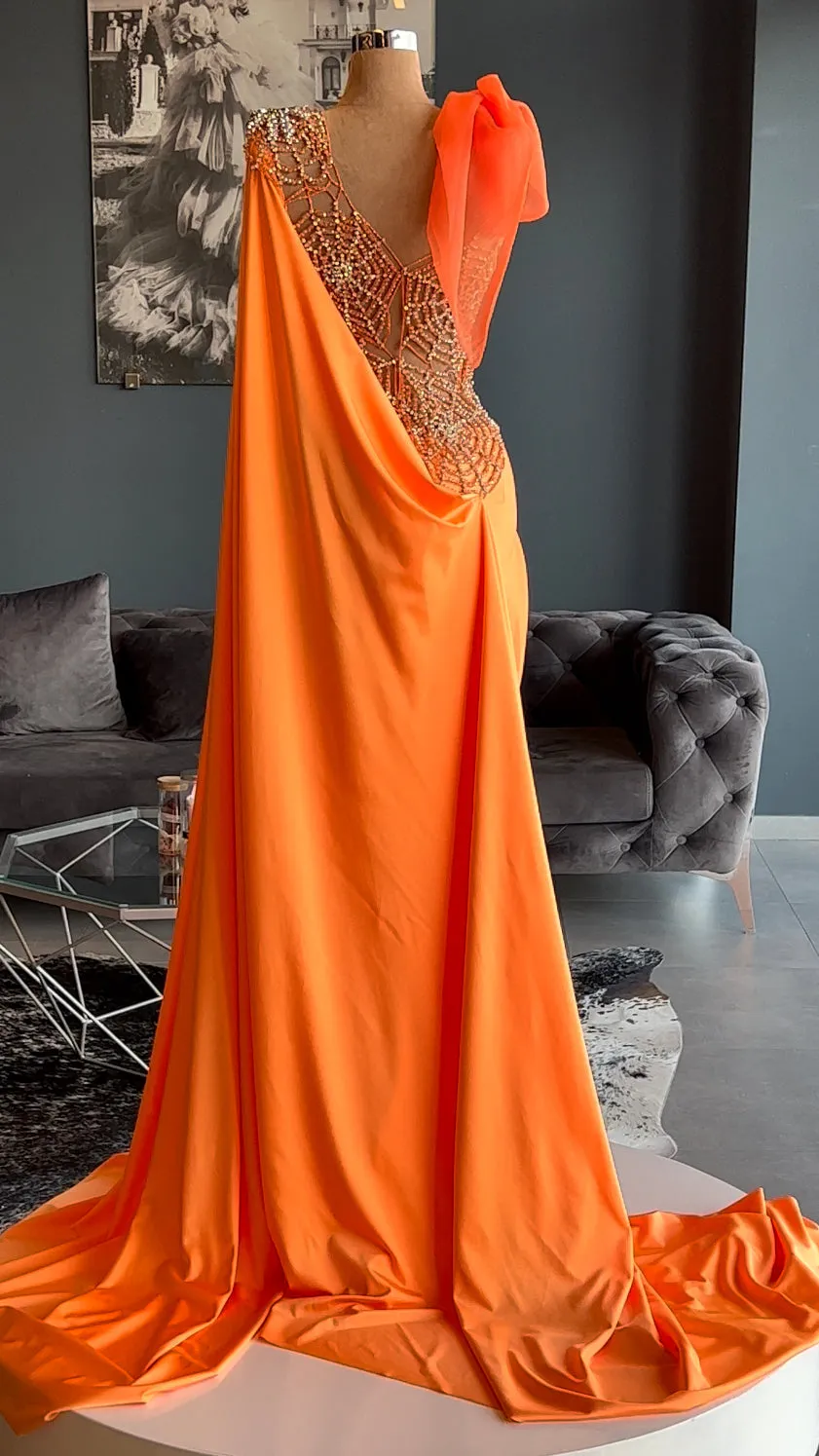 Gianna Spider Web Embellished Orange Evening Dress