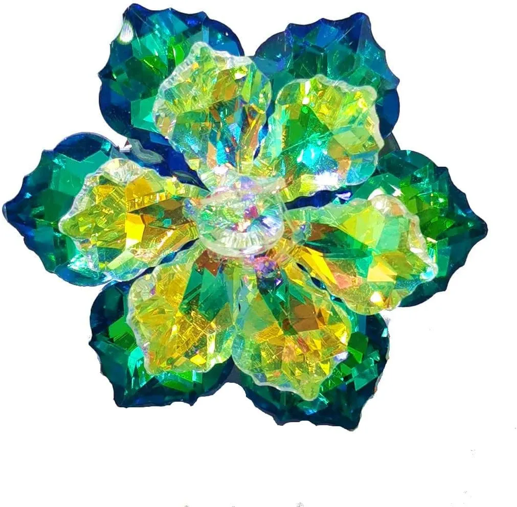 Gorgeous Two-Tiered Green Rainbow AB Colored Vitrail Crystal Flower Brooches Pins for DIY Project