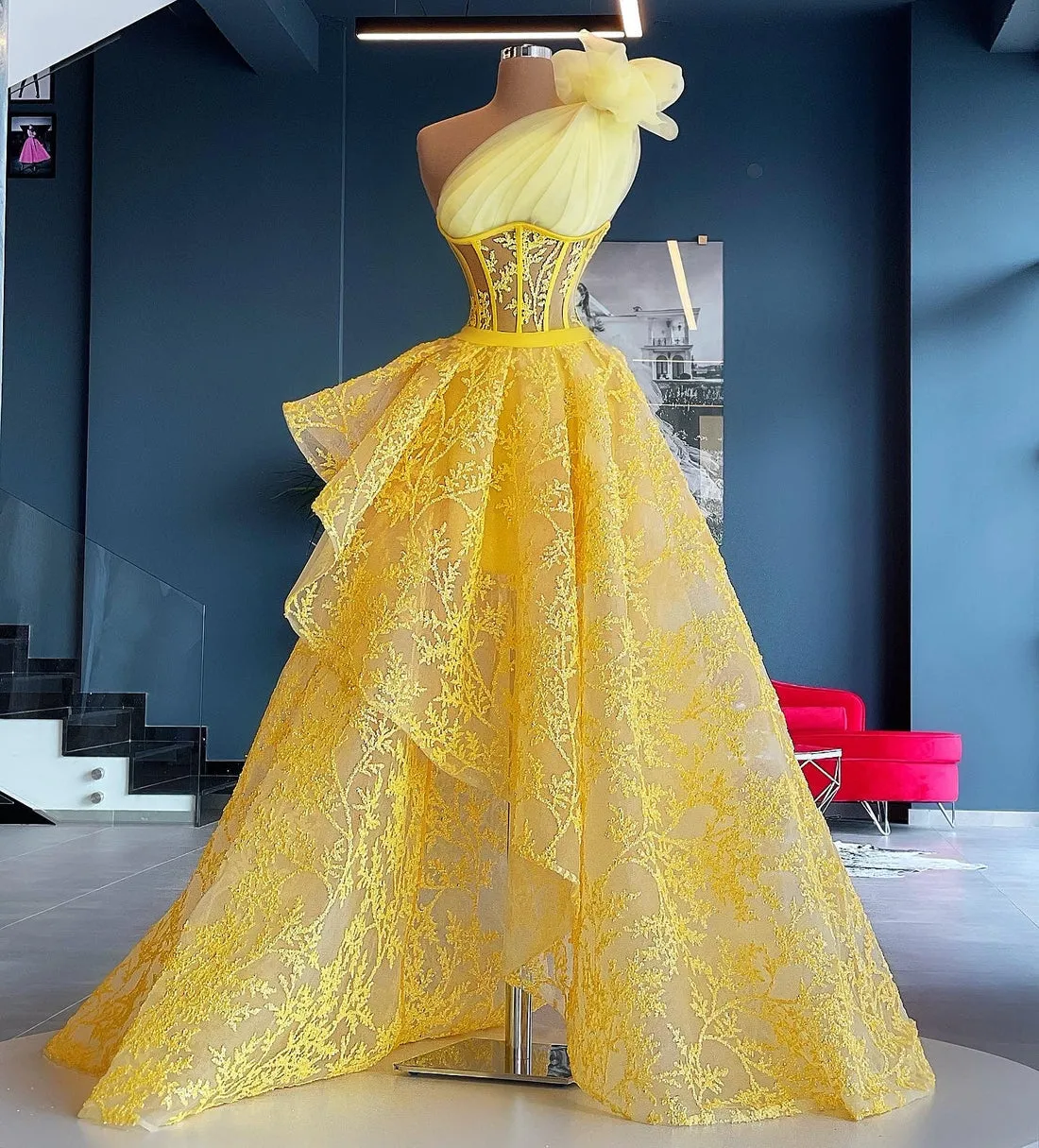 Josephine One Sleeve Lemon Evening Dress