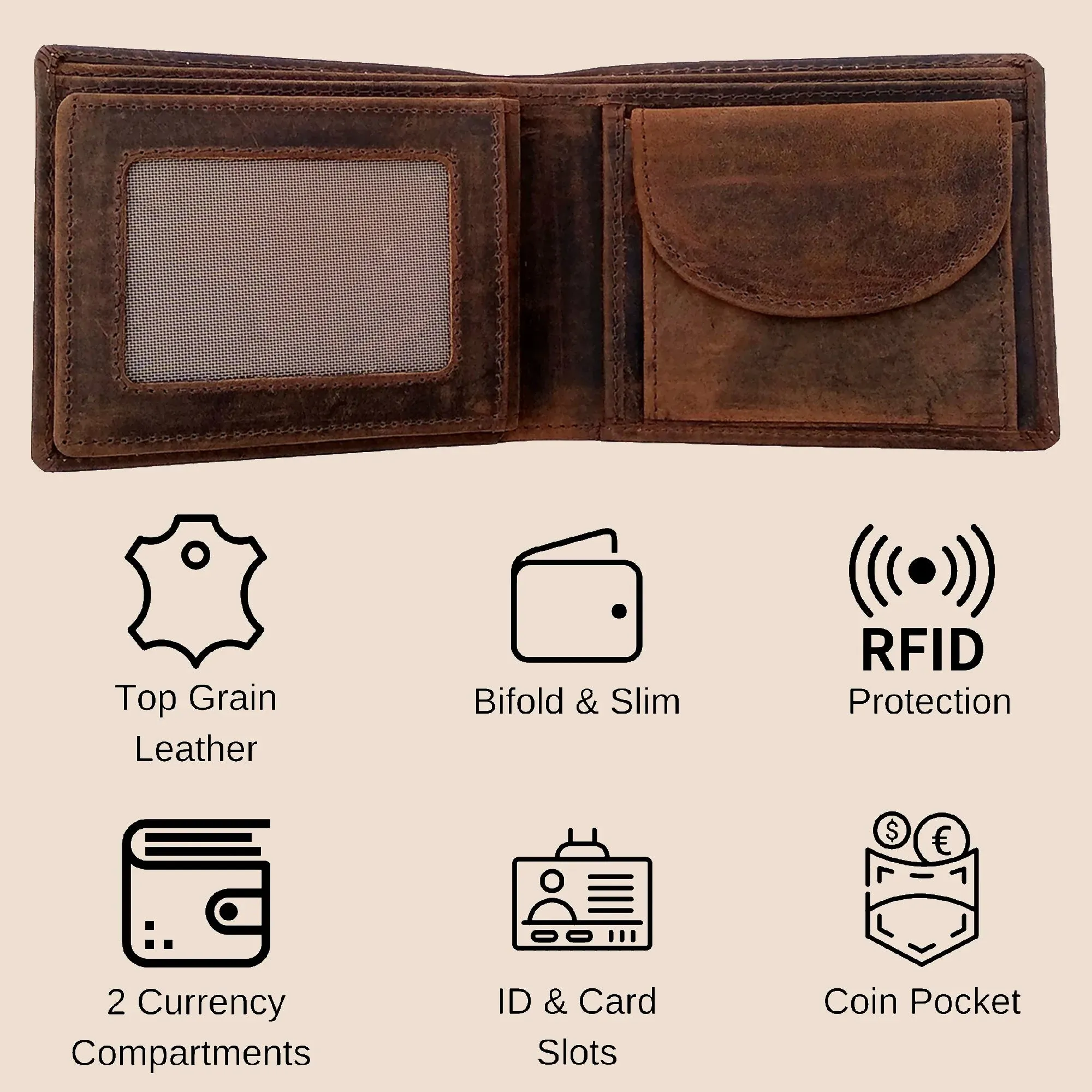 Leather Bifold Wallet for Men - RFID Protecting with Credit Card Slots and Coin Pocket (Brown)