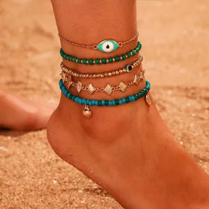 Mosako 5Pcs Boho Layered Anklets Turquoise Ankle Bracelets Set Gold Ankle Chain Evil Eyes Shell Beaded Foot Chains Designed Charm Handmade Beach Sand Summer Foot Jewelry Fashion for Women