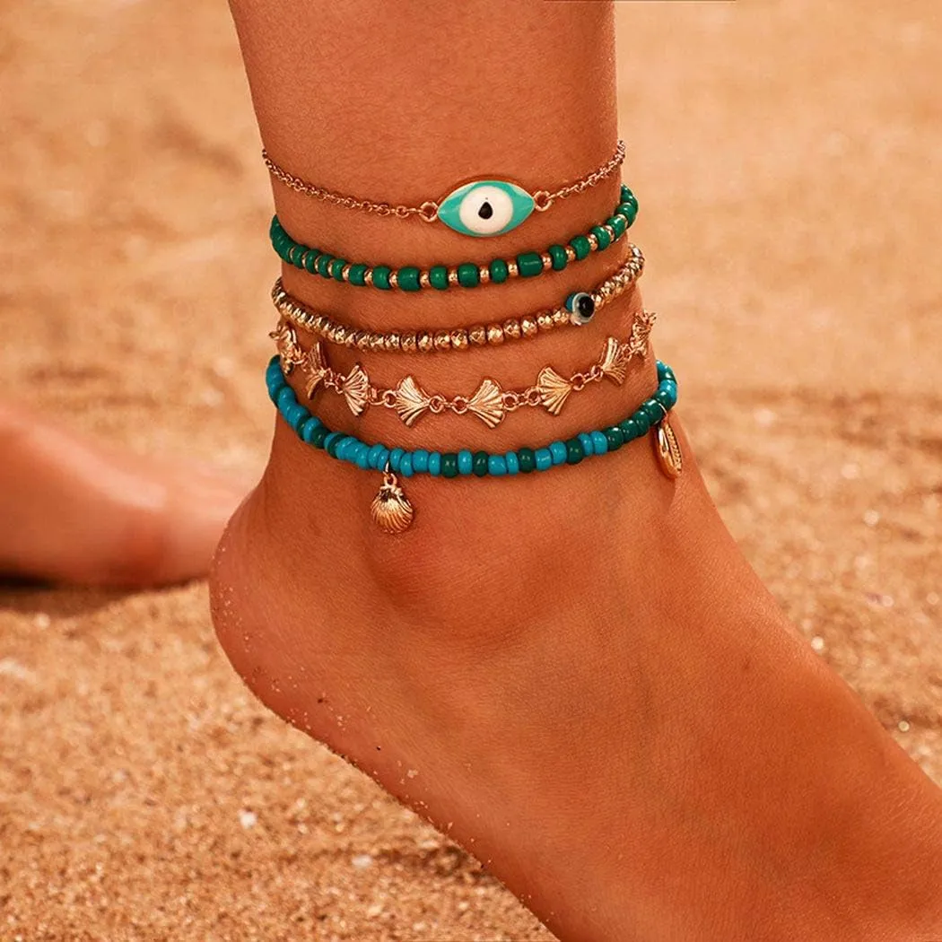 Mosako 5Pcs Boho Layered Anklets Turquoise Ankle Bracelets Set Gold Ankle Chain Evil Eyes Shell Beaded Foot Chains Designed Charm Handmade Beach Sand Summer Foot Jewelry Fashion for Women