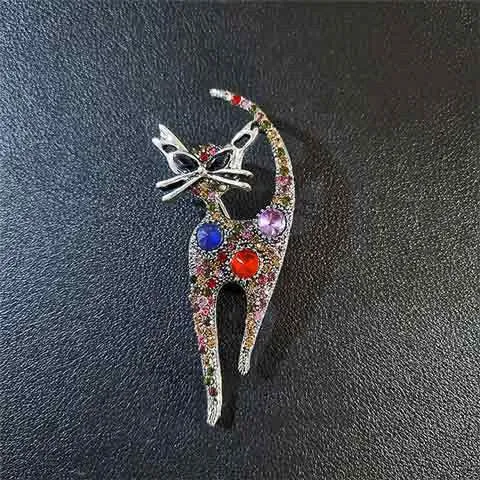 Multi Coloured Rhinestone Cat Pin Brooch