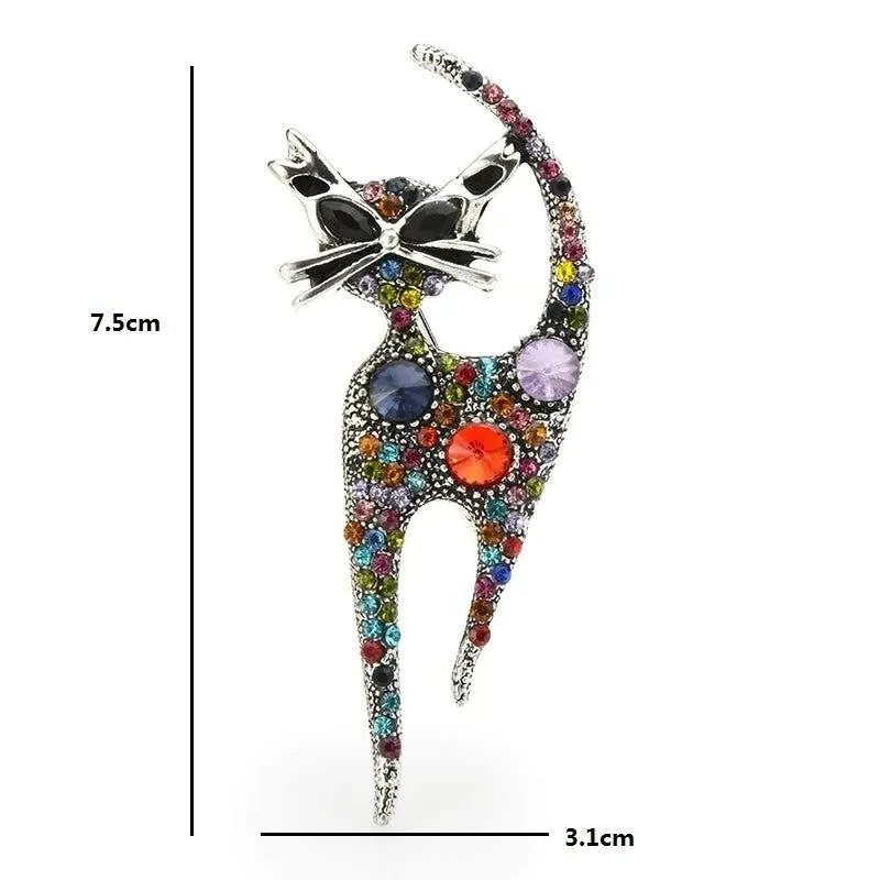 Multi Coloured Rhinestone Cat Pin Brooch