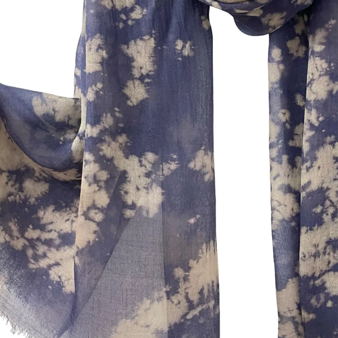 Navy Blue & Grey Crumple Tie Dye Modal Scarf with Italian Fringes