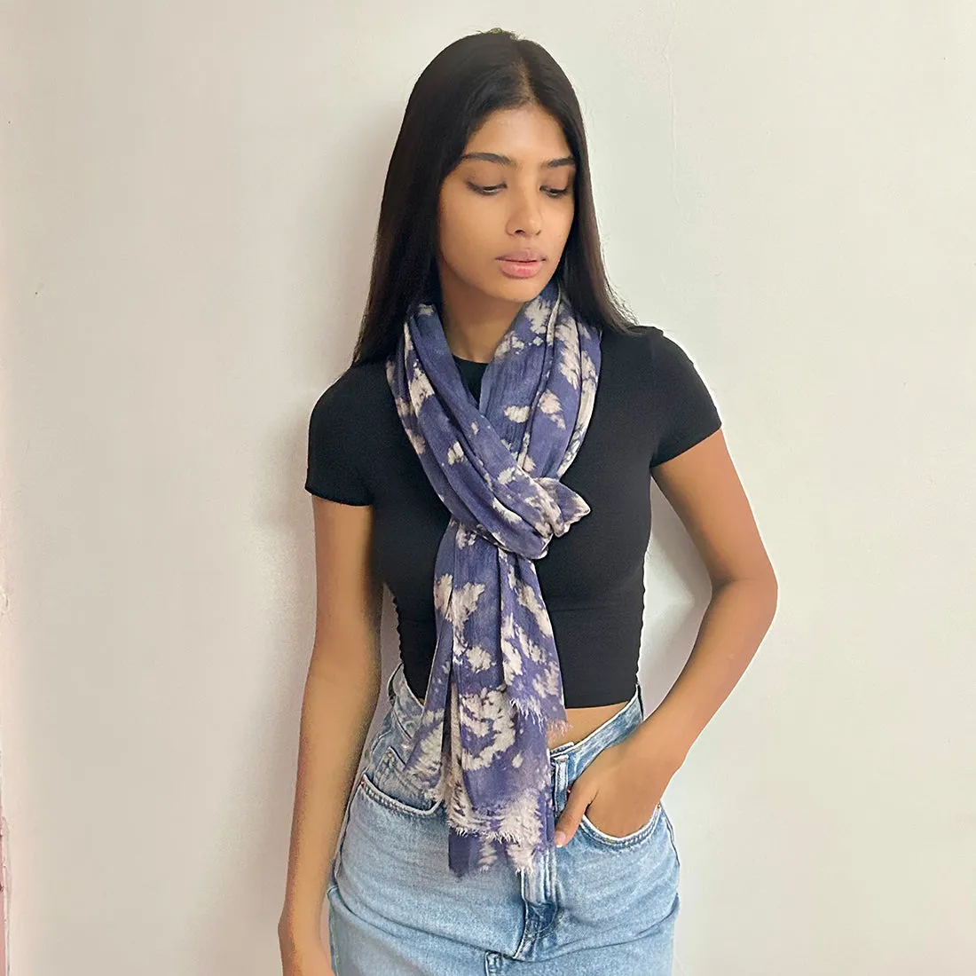 Navy Blue & Grey Crumple Tie Dye Modal Scarf with Italian Fringes