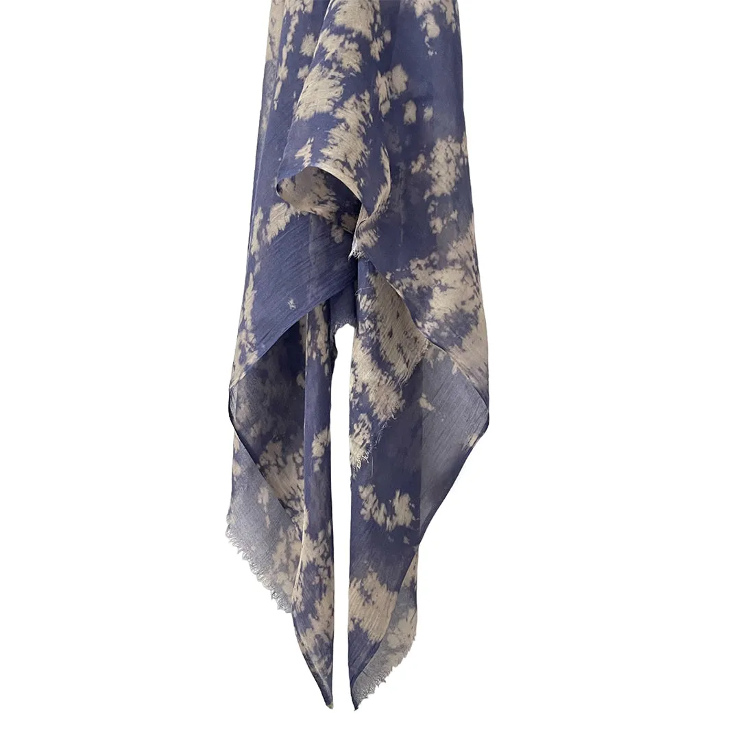 Navy Blue & Grey Crumple Tie Dye Modal Scarf with Italian Fringes