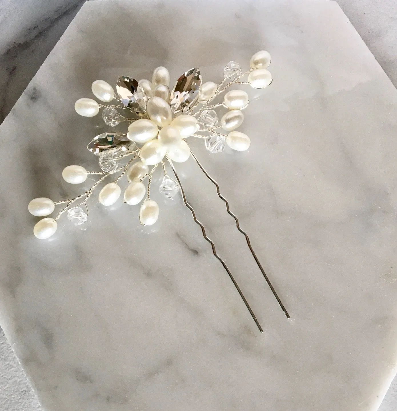 "Kate" - Pearl and Crystal Bridal Hair Pin - Available in Silver and Gold