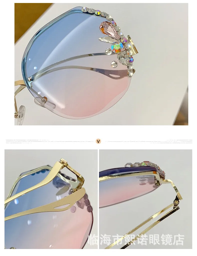 Rimless Large Diamond Studded Sunglasses