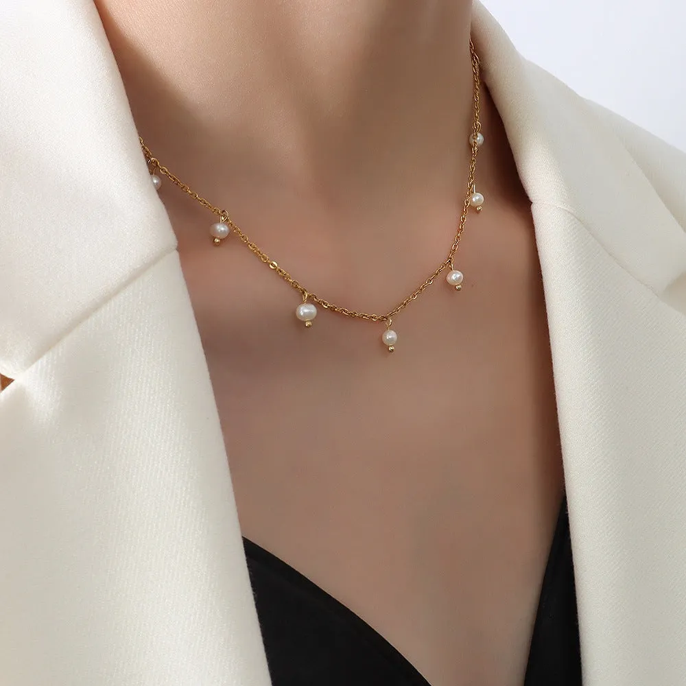 SISSLIA Pearl Millet Bead Fringe Collar 18K Gold Stainless Steel Ladies Temperament Clavicle Chain for Women