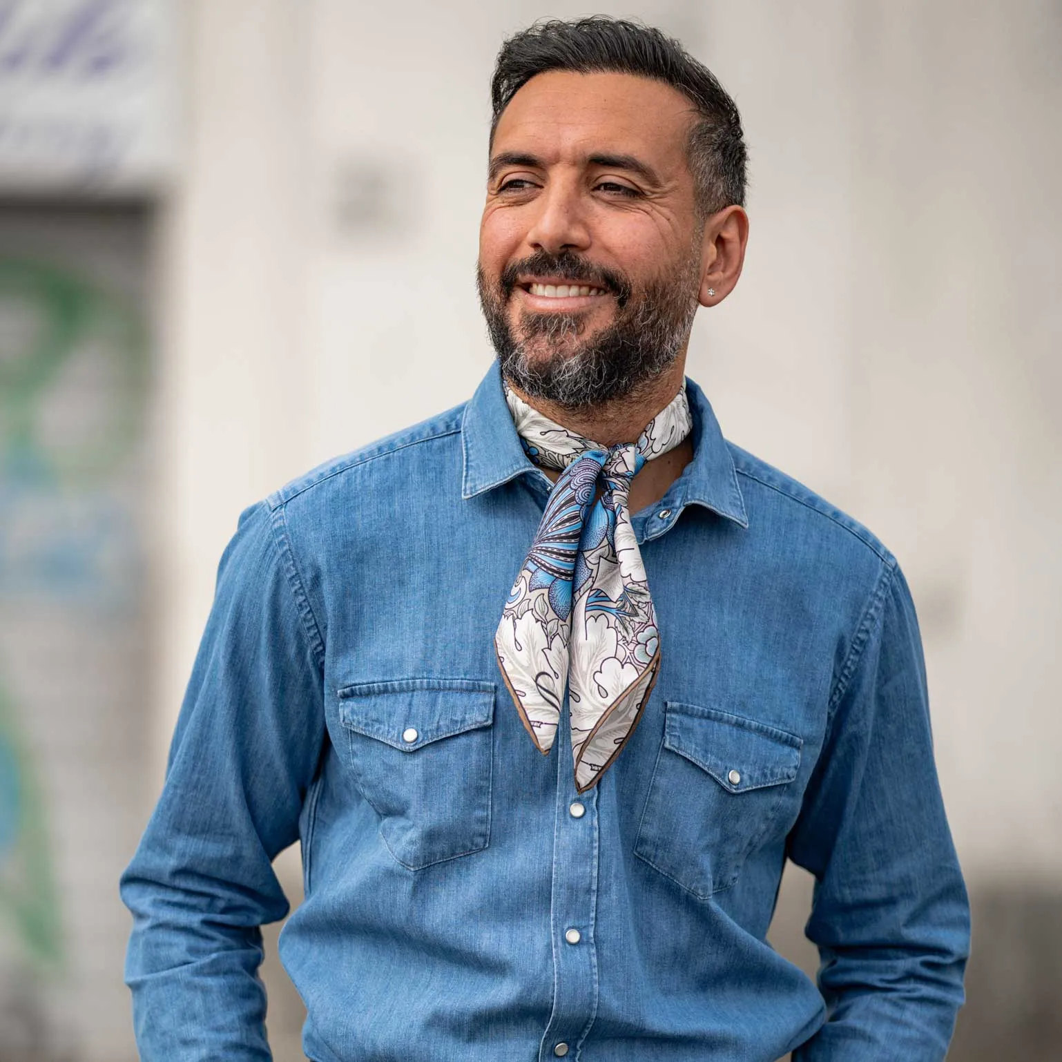 St. James - Hand Rolled Silk Neckerchief - Blue and Tan