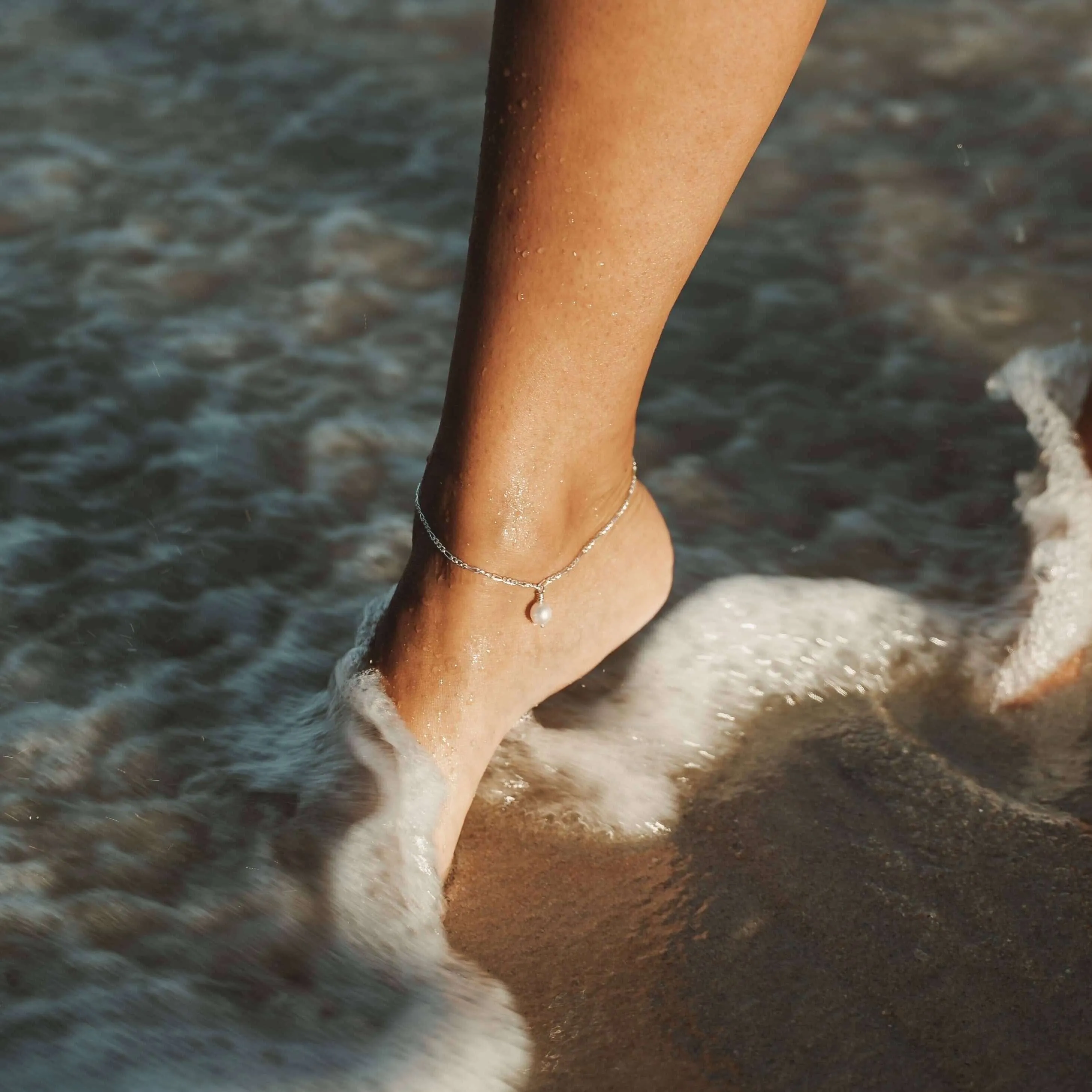 Sterling Silver Anklet with White Akoya Pearl