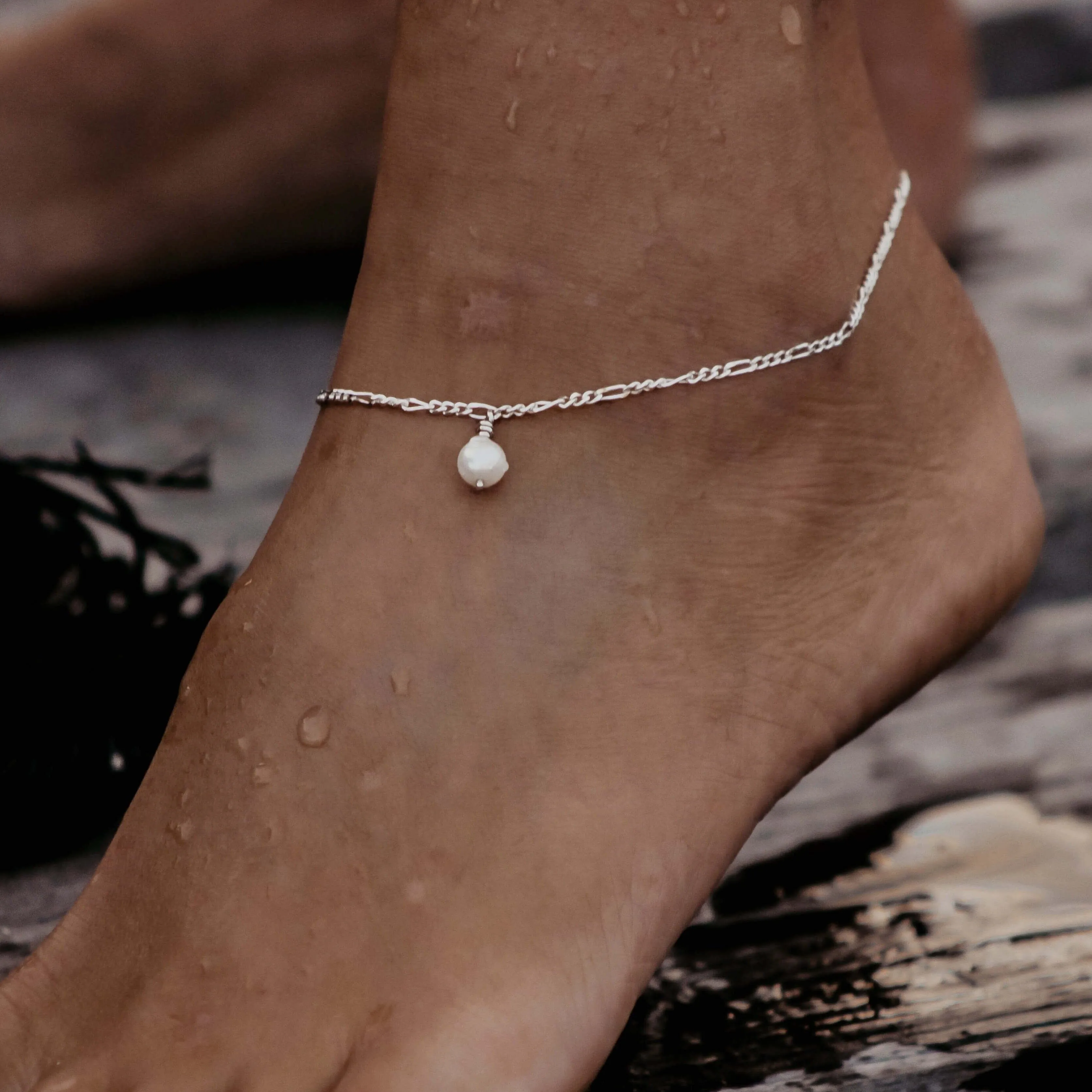 Sterling Silver Anklet with White Akoya Pearl