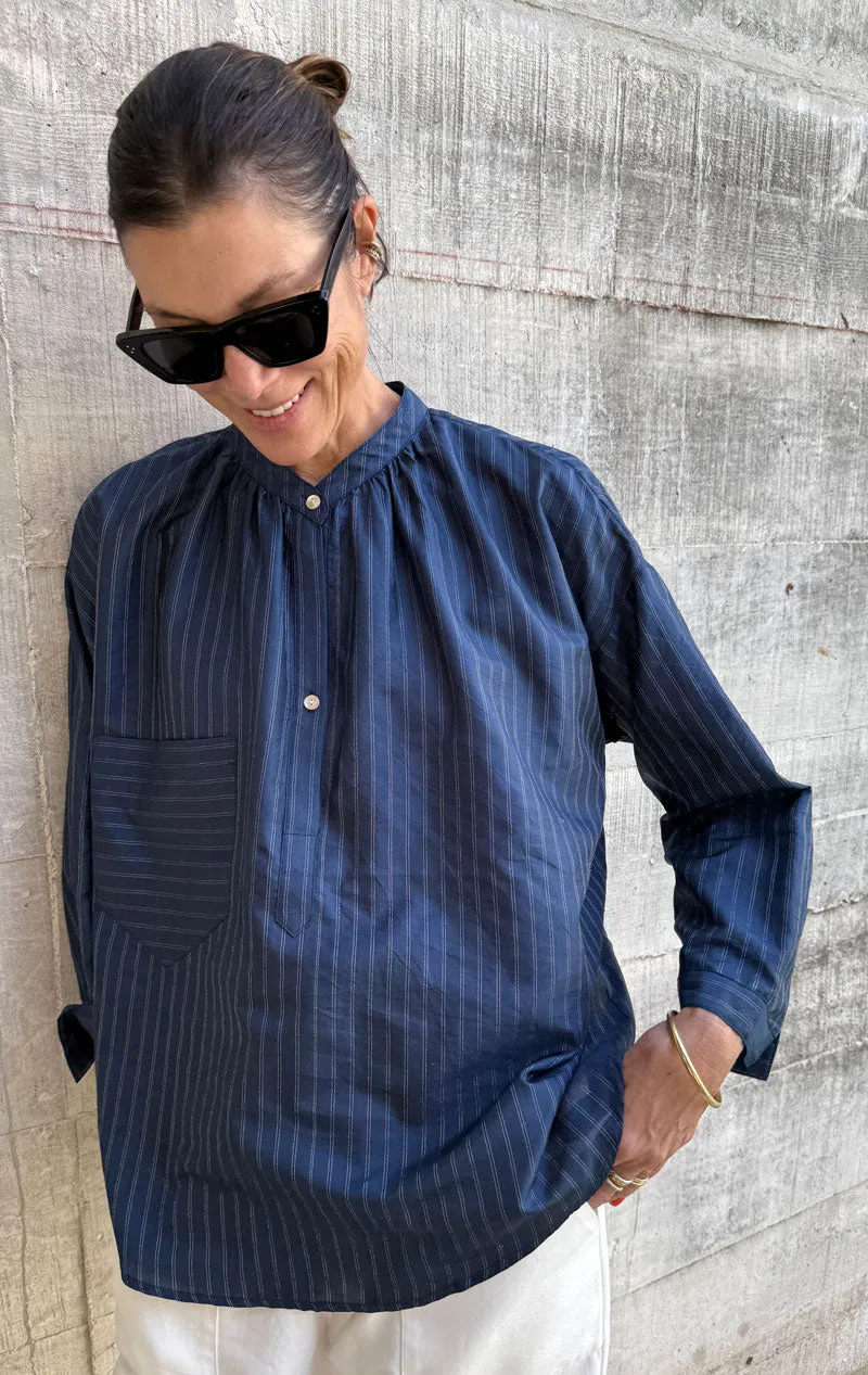 Tunic Shirt in Silk Metallic Pinstripe