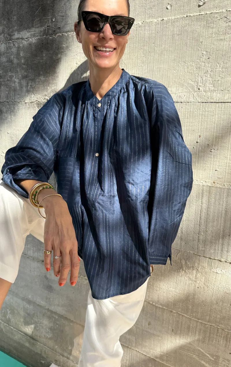 Tunic Shirt in Silk Metallic Pinstripe