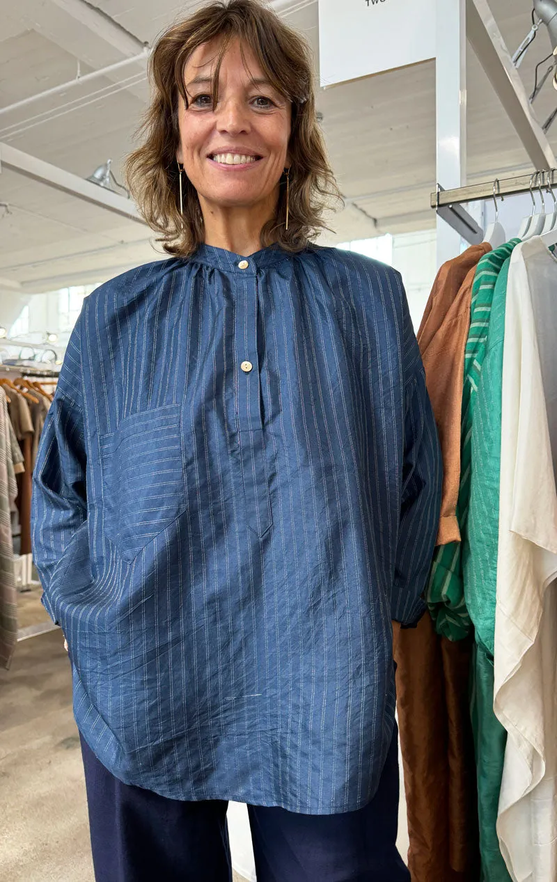 Tunic Shirt in Silk Metallic Pinstripe