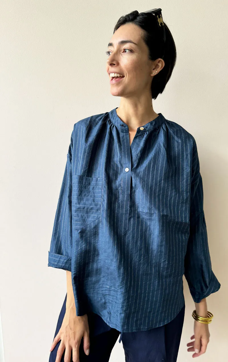 Tunic Shirt in Silk Metallic Pinstripe