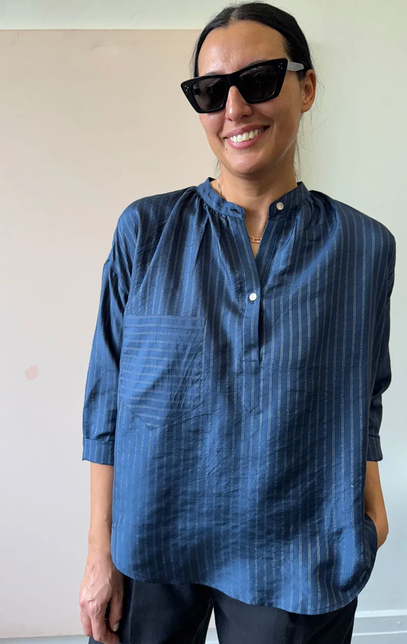 Tunic Shirt in Silk Metallic Pinstripe