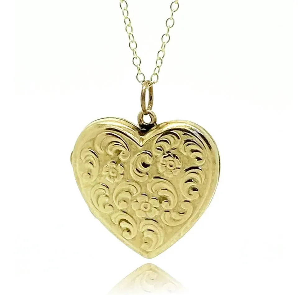 Vintage 1930s Forget-Me-Not 9ct Gold Heart Locket Necklace