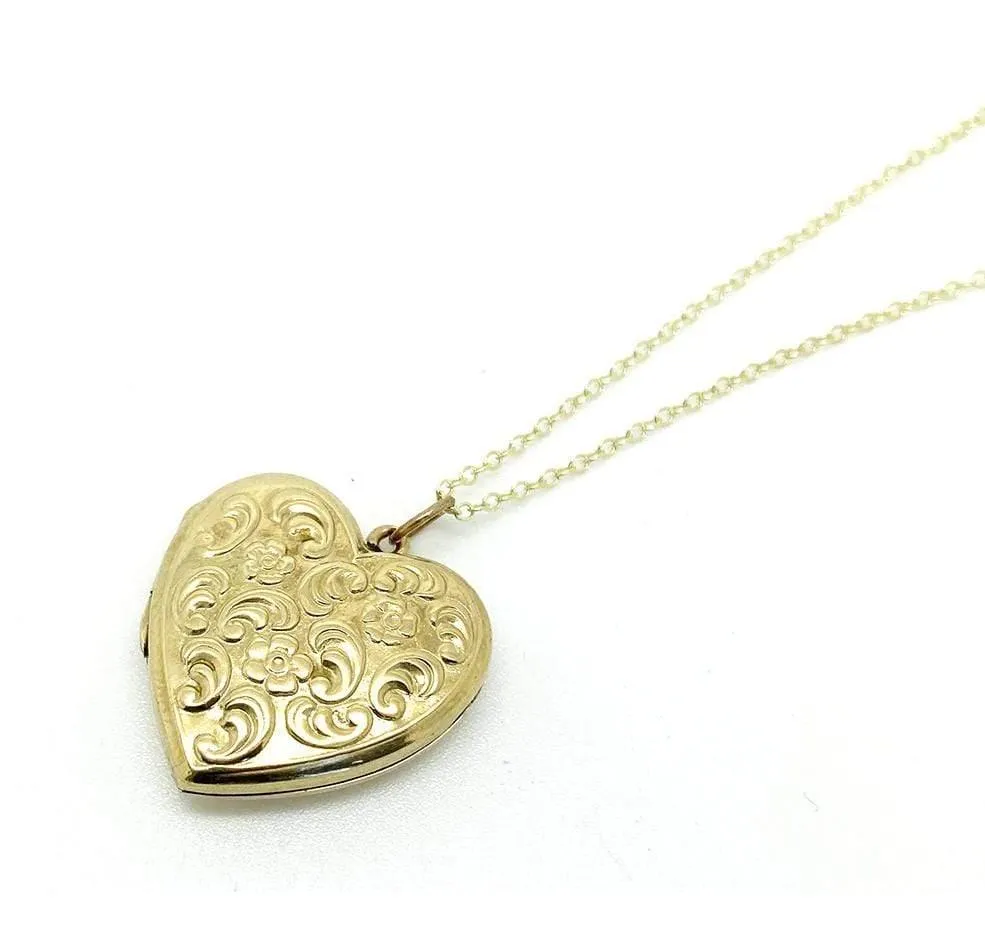 Vintage 1930s Forget-Me-Not 9ct Gold Heart Locket Necklace