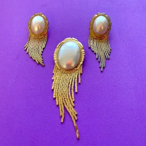 Vintage Faux Pearl Gold-Toned Chain Broach and Earrings Set