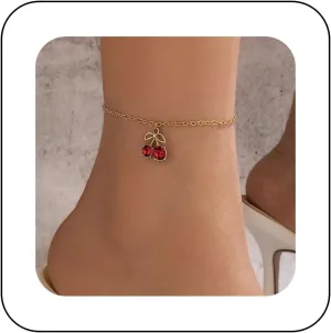 Vintage Red Cherry Anklet Chain Red Ruby Dangle Ankle Bracelet Gold Chain Anklet Bracelet Summer Beach Foot Chain Jewellery for Women and Girls, elastic, Yellow